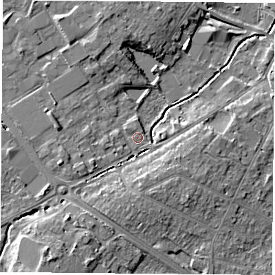 Shaded relief map of the ground around LE113FA, computed from Environment Agency LiDAR. The ground here sits at about 46 m above sea level and falls 10 m across the surrounding 800 m. The ground contributing surface water to this point lies to the north-west.