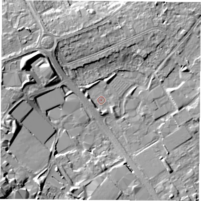 Shaded relief map of the ground around LE113GE, computed from Environment Agency LiDAR. The ground here sits at about 45 m above sea level and falls 18 m across the surrounding 800 m. Surface water reaching this point runs off ground lying to the south-west, 18.0 m higher.