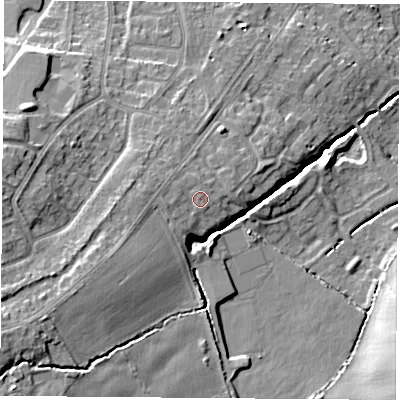Shaded relief map of the ground around LE113GG, computed from Environment Agency LiDAR. The ground here sits at about 64 m above sea level and falls 18 m across the surrounding 800 m. Surface water reaching this point runs off ground lying to the west, 1.1 m higher.