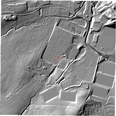 Shaded relief map of the ground around LE113GR, computed from Environment Agency LiDAR. The ground here sits at about 59 m above sea level and falls 28 m across the surrounding 800 m. Surface water reaching this point runs off ground lying to the east-south-east, 2.4 m higher.