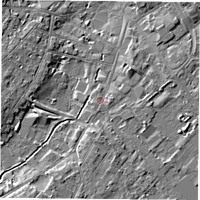 Shaded relief map of the ground around LE113HA, computed from Environment Agency LiDAR. The ground here sits at about 44 m above sea level and falls 8 m across the surrounding 800 m. Surface water reaching this point runs off ground lying to the south, 3.1 m higher.