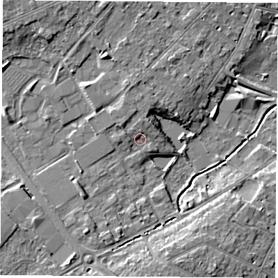 Shaded relief map of the ground around LE113HD, computed from Environment Agency LiDAR. The ground here sits at about 46 m above sea level and falls 8 m across the surrounding 800 m. Surface water reaching this point runs off ground lying to the north, 2.7 m higher.