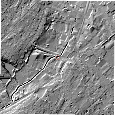 Shaded relief map of the ground around LE113HE, computed from Environment Agency LiDAR. The ground here sits at about 43 m above sea level and falls 8 m across the surrounding 800 m. Surface water reaching this point runs off ground lying to the south-south-west, 6.8 m higher.