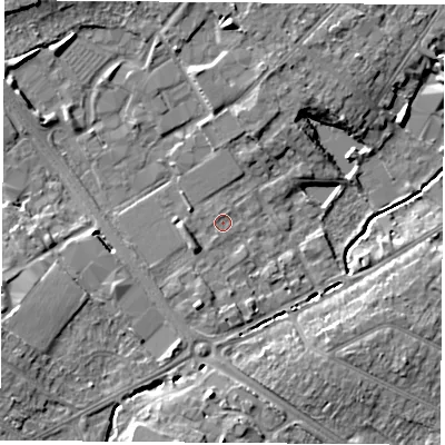 Shaded relief map of the ground around LE113HG, computed from Environment Agency LiDAR. The ground here sits at about 46 m above sea level and falls 8 m across the surrounding 800 m. Surface water reaching this point runs off ground lying to the south-south-west, 2.5 m higher.