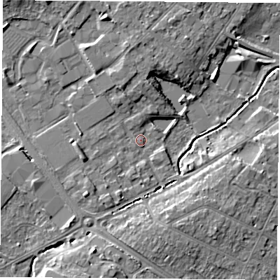 Shaded relief map of the ground around LE113HH, computed from Environment Agency LiDAR. The ground here sits at about 46 m above sea level and falls 9 m across the surrounding 800 m. Surface water reaching this point runs off ground lying to the north, 3.1 m higher.