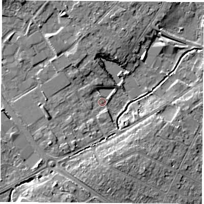 Shaded relief map of the ground around LE113HJ, computed from Environment Agency LiDAR. The ground here sits at about 45 m above sea level and falls 9 m across the surrounding 800 m. Surface water reaching this point runs off ground lying to the south-south-west, 7.3 m higher.