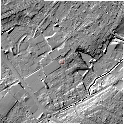 Shaded relief map of the ground around LE113HL, computed from Environment Agency LiDAR. The ground here sits at about 47 m above sea level and falls 8 m across the surrounding 800 m. Surface water reaching this point runs off ground lying to the north-north-east, 2.3 m higher.