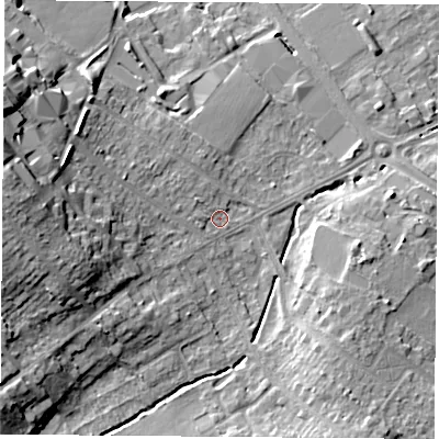 Shaded relief map of the ground around LE113HS, computed from Environment Agency LiDAR. The ground here sits at about 50 m above sea level and falls 19 m across the surrounding 800 m. Surface water reaching this point runs off ground lying to the west, 15.0 m higher.