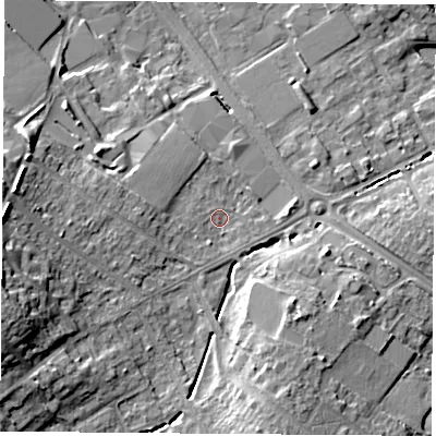Shaded relief map of the ground around LE113JF, computed from Environment Agency LiDAR. The ground here sits at about 48 m above sea level and falls 17 m across the surrounding 800 m. Surface water reaching this point runs off ground lying to the west-south-west, 12.9 m higher.
