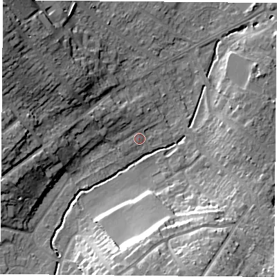 Shaded relief map of the ground around LE113LN, computed from Environment Agency LiDAR. The ground here sits at about 51 m above sea level and falls 23 m across the surrounding 800 m. Surface water reaching this point runs off ground lying to the west-north-west, 4.7 m higher.