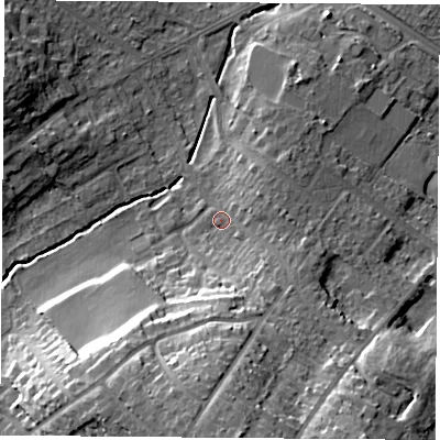 Shaded relief map of the ground around LE113LS, computed from Environment Agency LiDAR. The ground here sits at about 52 m above sea level and falls 24 m across the surrounding 800 m. Surface water reaching this point runs off ground lying to the south, 19.8 m higher.