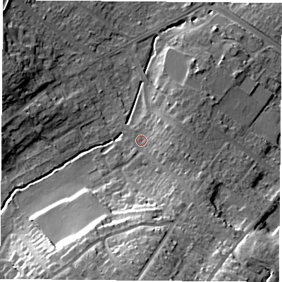 Shaded relief map of the ground around LE113LU, computed from Environment Agency LiDAR. The ground here sits at about 51 m above sea level and falls 24 m across the surrounding 800 m. Surface water reaching this point runs off ground lying to the south, 18.6 m higher.