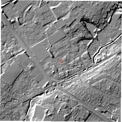 Shaded relief map of the ground around LE113NF, computed from Environment Agency LiDAR. The ground here sits at about 46 m above sea level and falls 9 m across the surrounding 800 m. Surface water reaching this point runs off ground lying to the south-west, 2.4 m higher.