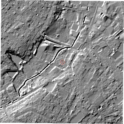 Shaded relief map of the ground around LE113NT, computed from Environment Agency LiDAR. The ground here sits at about 44 m above sea level and falls 8 m across the surrounding 800 m. Surface water reaching this point runs off ground lying to the south-south-west, 5.0 m higher.