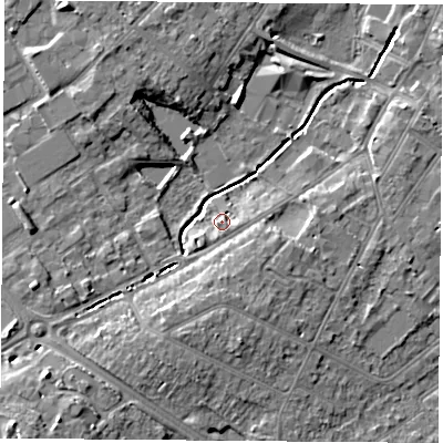 Shaded relief map of the ground around LE113NW, computed from Environment Agency LiDAR. The ground here sits at about 46 m above sea level and falls 11 m across the surrounding 800 m. Surface water reaching this point runs off ground lying to the east-south-east, 2.3 m higher.