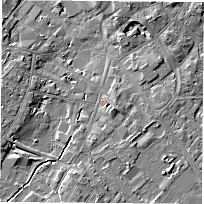 Shaded relief map of the ground around LE113NZ, computed from Environment Agency LiDAR. The ground here sits at about 43 m above sea level and falls 8 m across the surrounding 800 m. Surface water reaching this point runs off ground lying to the south-south-west, 3.7 m higher.