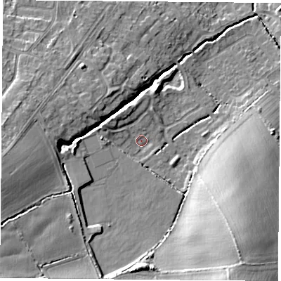 Shaded relief map of the ground around LE113PB, computed from Environment Agency LiDAR. The ground here sits at about 59 m above sea level and falls 18 m across the surrounding 800 m. Surface water reaching this point runs off ground lying to the south-west, 10.2 m higher.