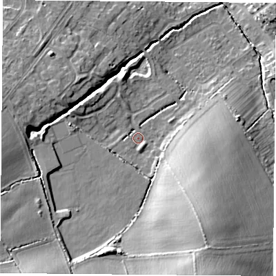 Shaded relief map of the ground around LE113PD, computed from Environment Agency LiDAR. The ground here sits at about 58 m above sea level and falls 19 m across the surrounding 800 m. Surface water reaching this point runs off ground lying to the south-south-east, 14.4 m higher.
