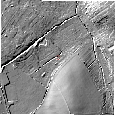 Shaded relief map of the ground around LE113PE, computed from Environment Agency LiDAR. The ground here sits at about 57 m above sea level and falls 18 m across the surrounding 800 m. Surface water reaching this point runs off ground lying to the south-south-east, 14.8 m higher.