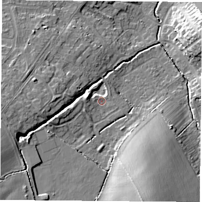 Shaded relief map of the ground around LE113PF, computed from Environment Agency LiDAR. The ground here sits at about 58 m above sea level and falls 19 m across the surrounding 800 m. Surface water reaching this point runs off ground lying to the west, 3.0 m higher.