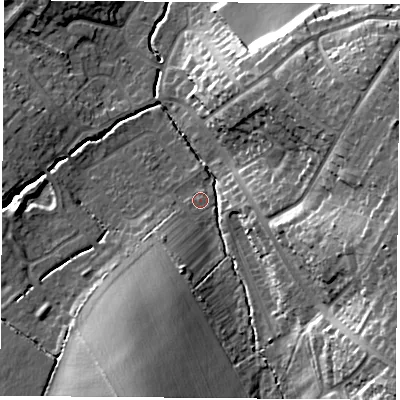 Shaded relief map of the ground around LE113PG, computed from Environment Agency LiDAR. The ground here sits at about 56 m above sea level and falls 22 m across the surrounding 800 m. Surface water reaching this point runs off ground lying to the south-east, 19.7 m higher.