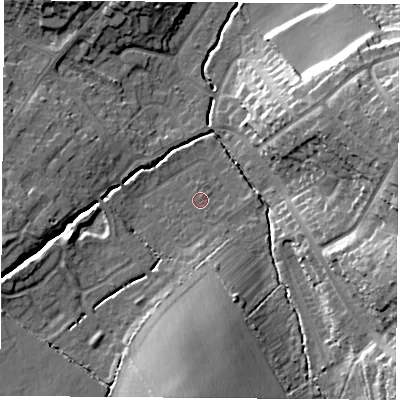 Shaded relief map of the ground around LE113PJ, computed from Environment Agency LiDAR. The ground here sits at about 55 m above sea level and falls 20 m across the surrounding 800 m. Surface water reaching this point runs off ground lying to the south, 12.9 m higher.