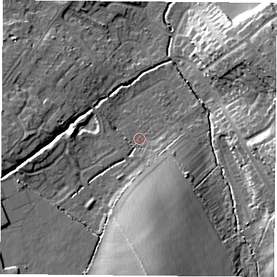 Shaded relief map of the ground around LE113PP, computed from Environment Agency LiDAR. The ground here sits at about 56 m above sea level and falls 19 m across the surrounding 800 m. Surface water reaching this point runs off ground lying to the south, 12.0 m higher.