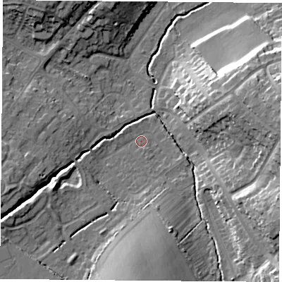 Shaded relief map of the ground around LE113PU, computed from Environment Agency LiDAR. The ground here sits at about 55 m above sea level and falls 20 m across the surrounding 800 m. Surface water reaching this point runs off ground lying to the east-south-east, 16.8 m higher.