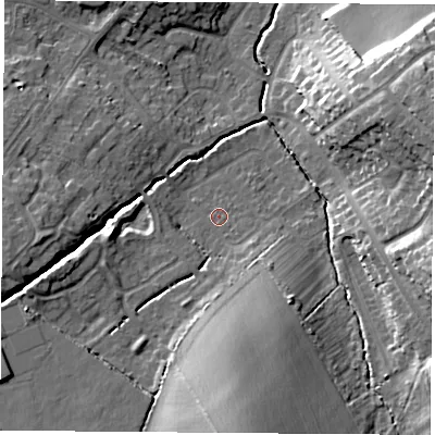 Shaded relief map of the ground around LE113PW, computed from Environment Agency LiDAR. The ground here sits at about 56 m above sea level and falls 18 m across the surrounding 800 m. Surface water reaching this point runs off ground lying to the south, 12.2 m higher.