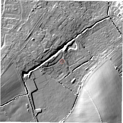 Shaded relief map of the ground around LE113RA, computed from Environment Agency LiDAR. The ground here sits at about 59 m above sea level and falls 19 m across the surrounding 800 m. Surface water reaching this point runs off ground lying to the west-north-west, 2.2 m higher.