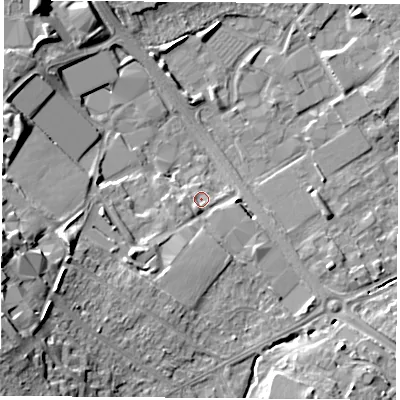 Shaded relief map of the ground around LE113TS, computed from Environment Agency LiDAR. The ground here sits at about 46 m above sea level and falls 19 m across the surrounding 800 m. Surface water reaching this point runs off ground lying to the south-west, 5.0 m higher.