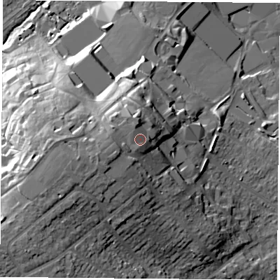 Shaded relief map of the ground around LE113TU, computed from Environment Agency LiDAR. The ground here sits at about 67 m above sea level and falls 26 m across the surrounding 800 m. Surface water reaching this point runs off ground lying to the south-south-west, 2.3 m higher.
