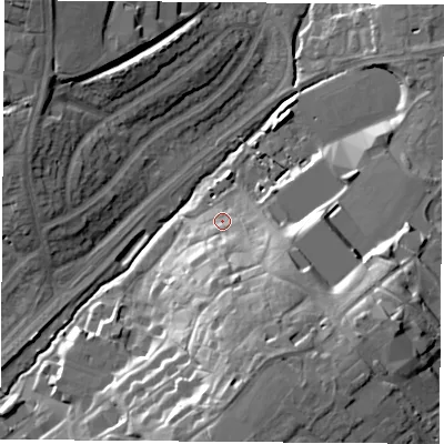 Shaded relief map of the ground around LE113TX, computed from Environment Agency LiDAR. The ground here sits at about 53 m above sea level and falls 27 m across the surrounding 800 m. Surface water reaching this point runs off ground lying to the south-south-east, 19.7 m higher.
