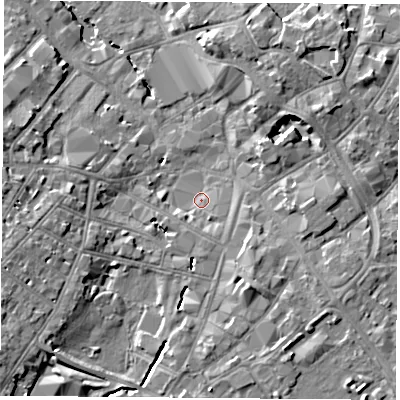 Shaded relief map of the ground around LE113XA, computed from Environment Agency LiDAR. The ground here sits at about 42 m above sea level and falls 9 m across the surrounding 800 m. Surface water reaching this point runs off ground lying to the south-south-east, 1.6 m higher.