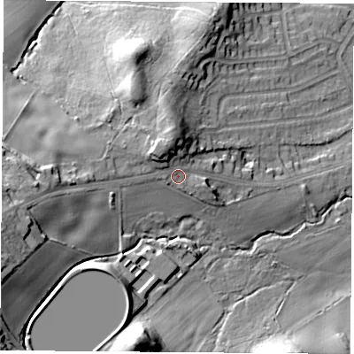 Shaded relief map of the ground around LE113YE, computed from Environment Agency LiDAR. The ground here sits at about 81 m above sea level and falls 30 m across the surrounding 800 m. Surface water reaching this point runs off ground lying to the west-south-west, 14.9 m higher.