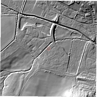 Shaded relief map of the ground around LE114BZ, computed from Environment Agency LiDAR. The ground here sits at about 45 m above sea level and falls 20 m across the surrounding 800 m. Surface water reaching this point runs off ground lying to the south-south-west, 10.6 m higher.