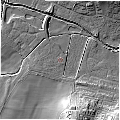 Shaded relief map of the ground around LE114DD, computed from Environment Agency LiDAR. The ground here sits at about 44 m above sea level and falls 28 m across the surrounding 800 m. Surface water reaching this point runs off ground lying to the south, 0.5 m higher.