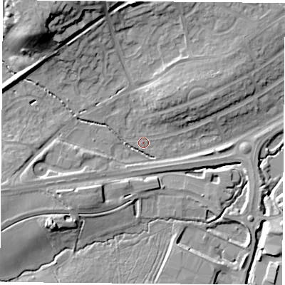 Shaded relief map of the ground around LE114EQ, computed from Environment Agency LiDAR. The ground here sits at about 56 m above sea level and falls 22 m across the surrounding 800 m. Surface water reaching this point runs off ground lying to the north-west, 18.3 m higher.