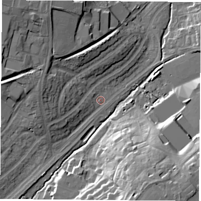 Shaded relief map of the ground around LE114ET, computed from Environment Agency LiDAR. The ground here sits at about 49 m above sea level and falls 28 m across the surrounding 800 m. Surface water reaching this point runs off ground lying to the west-north-west, 11.2 m higher.