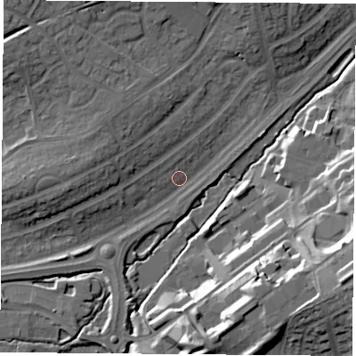 Shaded relief map of the ground around LE114EU, computed from Environment Agency LiDAR. The ground here sits at about 54 m above sea level and falls 24 m across the surrounding 800 m. Surface water reaching this point runs off ground lying to the west, 8.1 m higher.