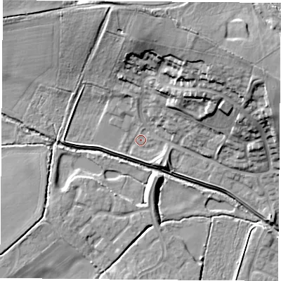 Shaded relief map of the ground around LE114FA, computed from Environment Agency LiDAR. The ground here sits at about 44 m above sea level and falls 24 m across the surrounding 800 m. Surface water reaching this point runs off ground lying to the south-east, 3.8 m higher.