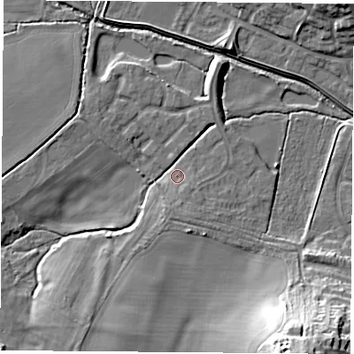 Shaded relief map of the ground around LE114FP, computed from Environment Agency LiDAR. The ground here sits at about 45 m above sea level and falls 26 m across the surrounding 800 m. Surface water reaching this point runs off ground lying to the south, 2.0 m higher.