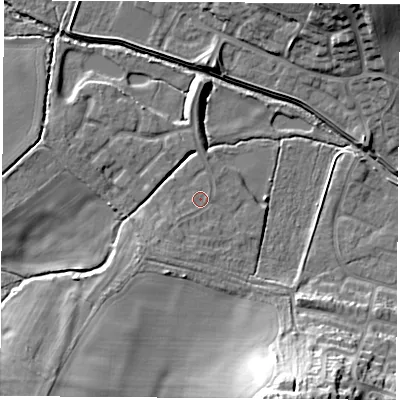 Shaded relief map of the ground around LE114FR, computed from Environment Agency LiDAR. The ground here sits at about 45 m above sea level and falls 25 m across the surrounding 800 m. Surface water reaching this point runs off ground lying to the south-west, 3.3 m higher.