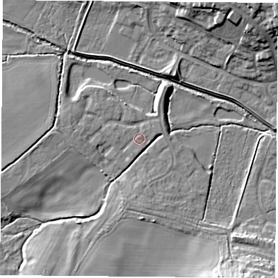 Shaded relief map of the ground around LE114FS, computed from Environment Agency LiDAR. The ground here sits at about 45 m above sea level and falls 19 m across the surrounding 800 m. Surface water reaching this point runs off ground lying to the west, 3.1 m higher.