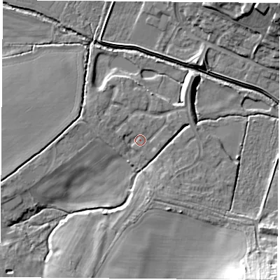 Shaded relief map of the ground around LE114FU, computed from Environment Agency LiDAR. The ground here sits at about 45 m above sea level and falls 17 m across the surrounding 800 m. Surface water reaching this point runs off ground lying to the west-north-west, 2.1 m higher.