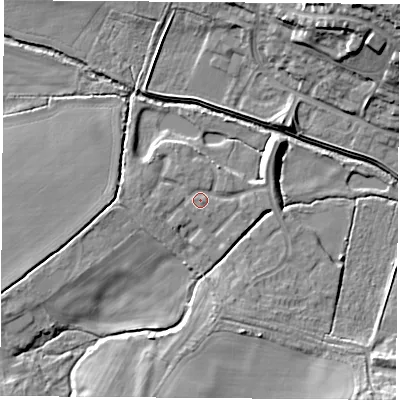 Shaded relief map of the ground around LE114FX, computed from Environment Agency LiDAR. The ground here sits at about 45 m above sea level and falls 20 m across the surrounding 800 m. Surface water reaching this point runs off ground lying to the west, 3.1 m higher.