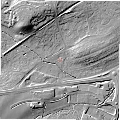 Shaded relief map of the ground around LE114LA, computed from Environment Agency LiDAR. The ground here sits at about 57 m above sea level and falls 21 m across the surrounding 800 m. Surface water reaching this point runs off ground lying to the north-north-west, 1.0 m higher.