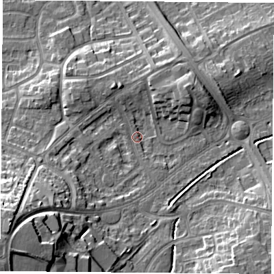 Shaded relief map of the ground around LE114LE, computed from Environment Agency LiDAR. The ground here sits at about 44 m above sea level and falls 26 m across the surrounding 800 m. Surface water reaching this point runs off ground lying to the south-west, 7.0 m higher.