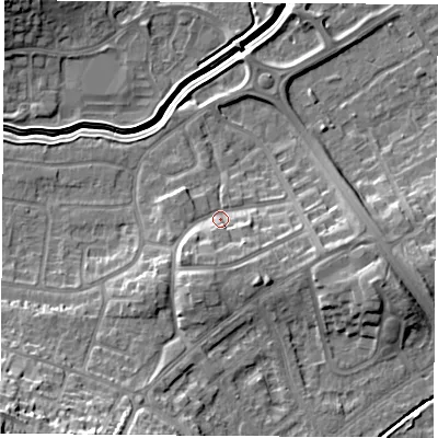 Shaded relief map of the ground around LE114LF, computed from Environment Agency LiDAR. The ground here sits at about 43 m above sea level and falls 22 m across the surrounding 800 m. Surface water reaching this point runs off ground lying to the south-south-west, 5.6 m higher.