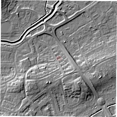 Shaded relief map of the ground around LE114LL, computed from Environment Agency LiDAR. The ground here sits at about 42 m above sea level and falls 12 m across the surrounding 800 m. Surface water reaching this point runs off ground lying to the south-south-west, 5.8 m higher.